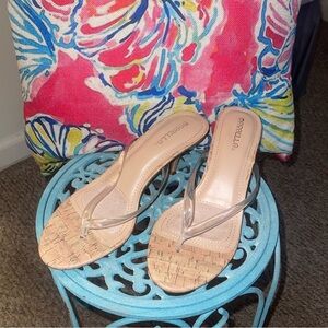 Super cute summer heels. Clear thong with cork heel and insides.